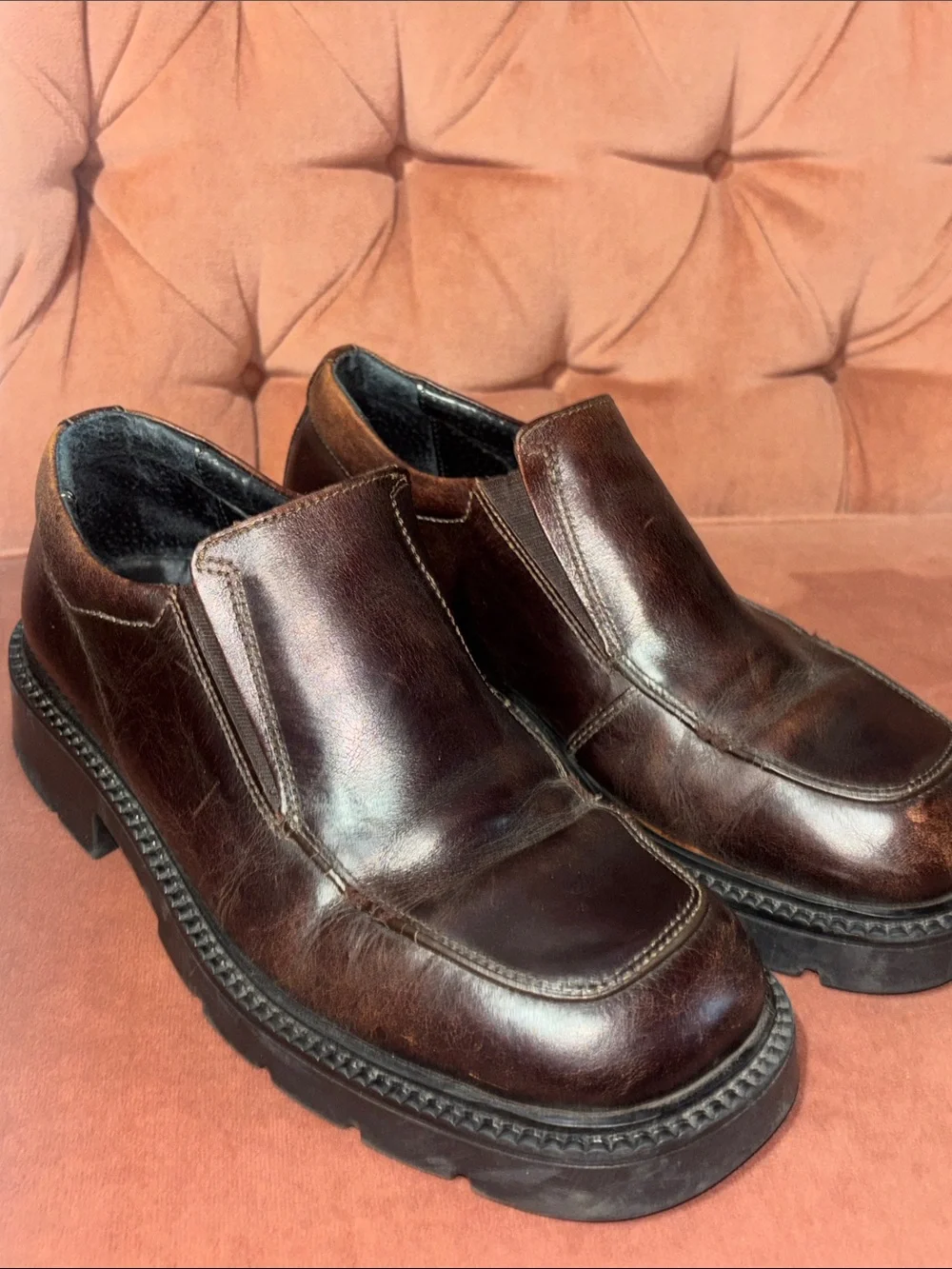 Aldo chunky lug sole burgundy brown leather loafer slip on punk grunge shoe 41